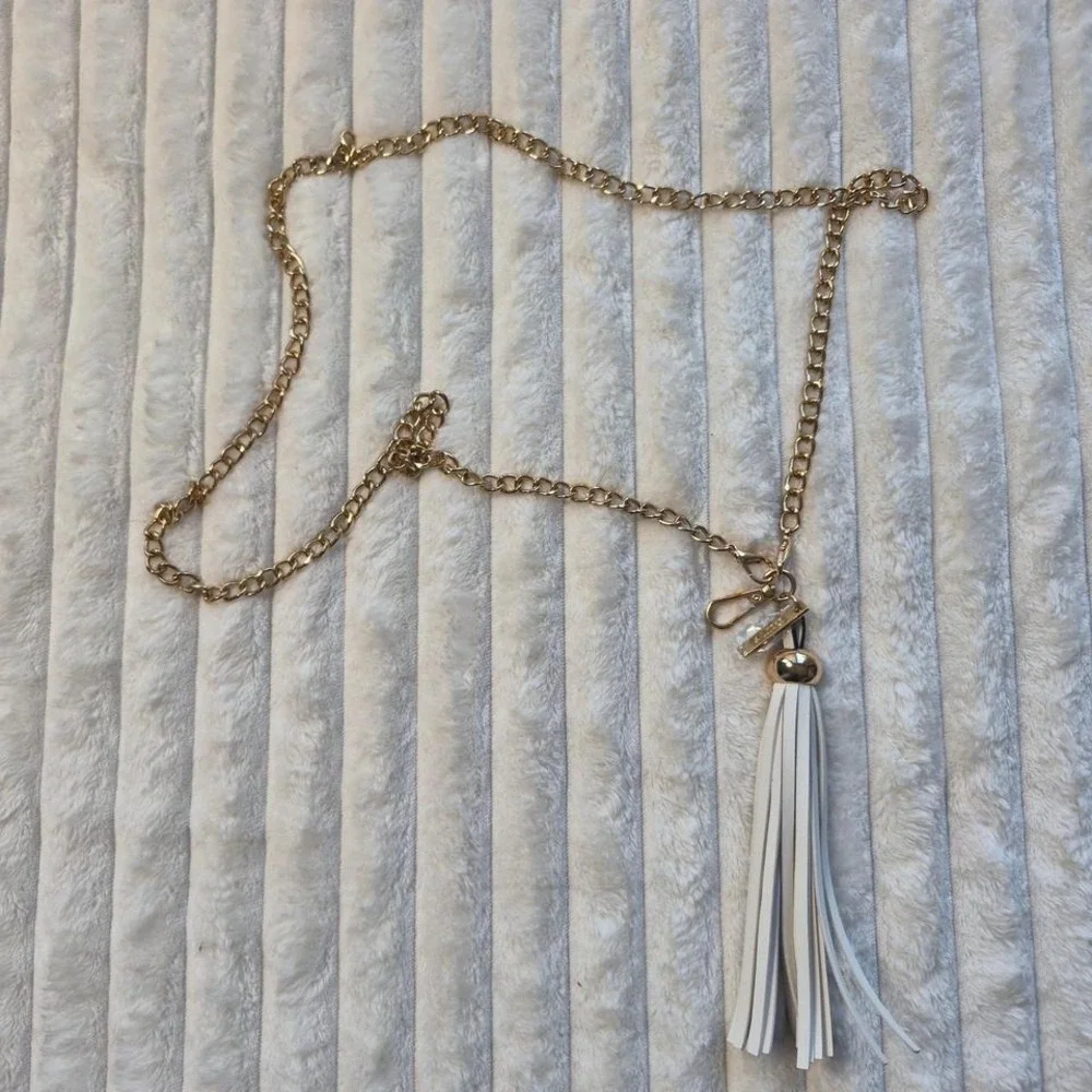 Aldo Gold Chain‎ Belt White Tassel Charm Logo Curb Link Waist Accessory